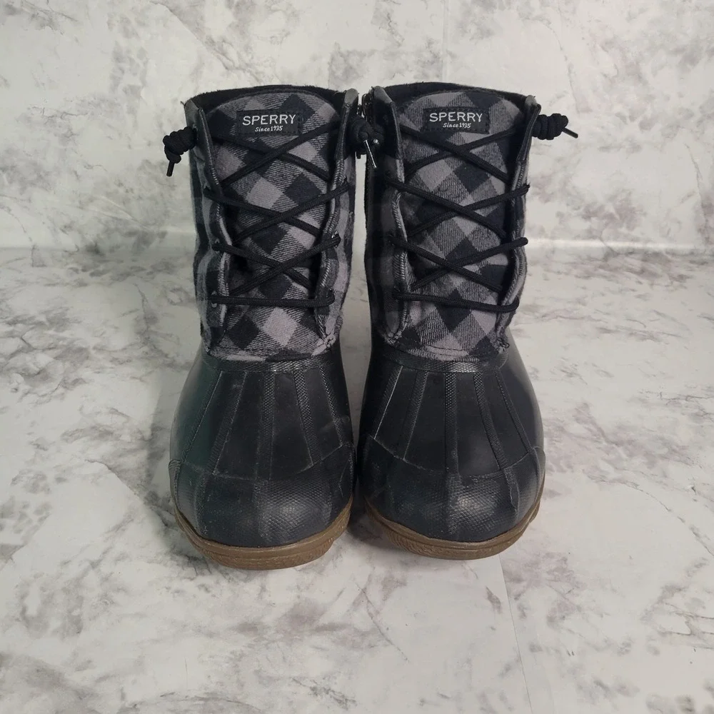 Sperry Saltwater Duck Boots Womens Black Grey Buffalo Plaid‎ Flannel